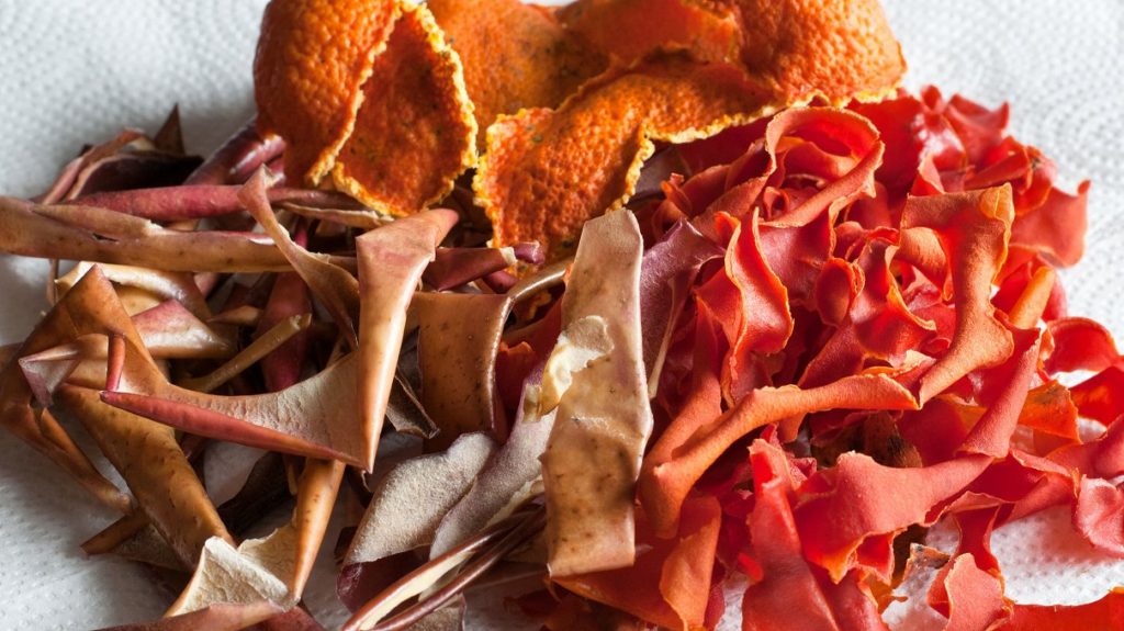 干した柿の皮（右下）、リンゴの皮（左下）、みかんの皮（上）